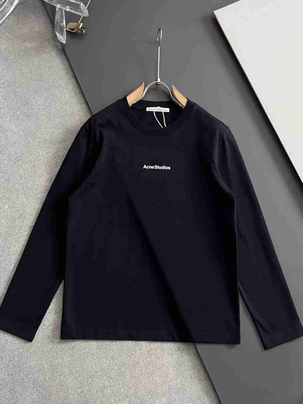 Acne Studios Black Long Sleeve Tee Chest Logo Minimal Cotton Top